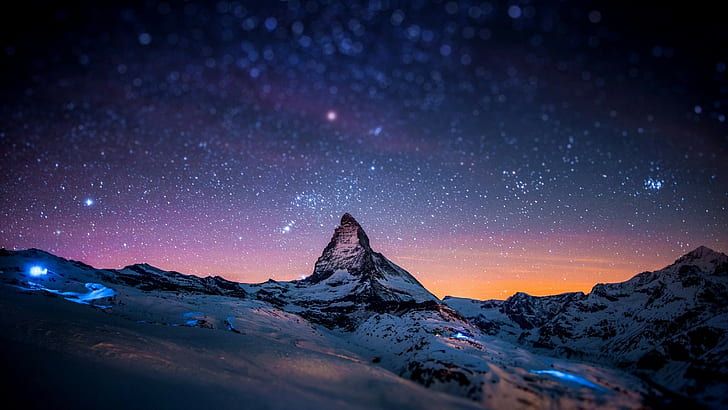 Zermatt, bokeh, starry night, sunrise, tilt shift, Matterhorn, HD wallpaper