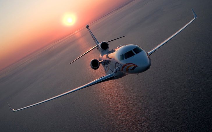 Dassault Falcon 7X, gray airplane, Aircrafts / Planes, sea, sunset, HD wallpaper