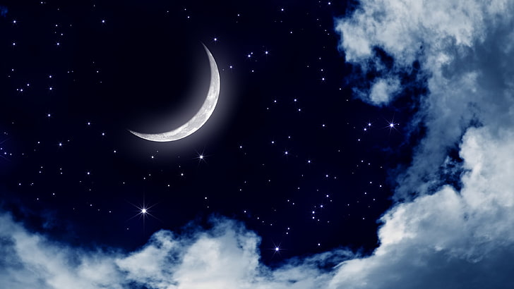 starry sky, moon, moonlight, night sky, daytime, moonlit, crescent