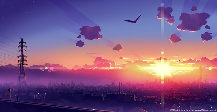 artwork, power lines, city, anime, sunlight, skyline, sunset, HD wallpaper