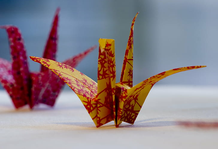 two red-and-yellow Origamis, japan, japan, Brighton University, HD wallpaper