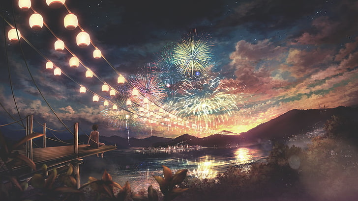 firework display painting, fireworks, water, illuminated, reflection