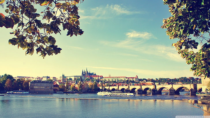 panoramic photo of gray bridge, Prague, Czech Republic, castle, HD wallpaper