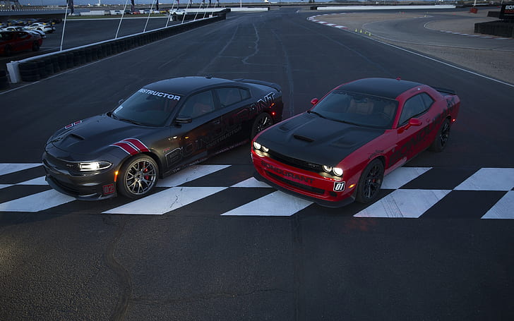 Dodge Challenger SRT cars, two supercars, black dodge charger; red dodge challenger