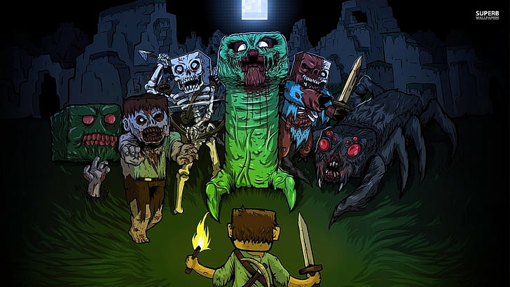 zombies, Steve, Minecraft, spider, video games, creeper, night, HD wallpaper
