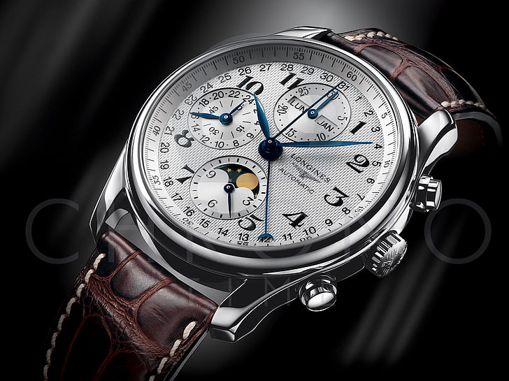round silver-colored Longines chronograph watch, Swiss watch