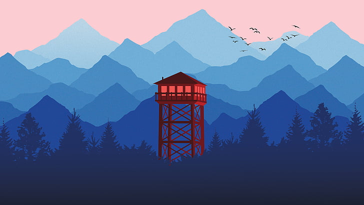 Watchtower, Mountains, Forest, Minimal, CGI, HD