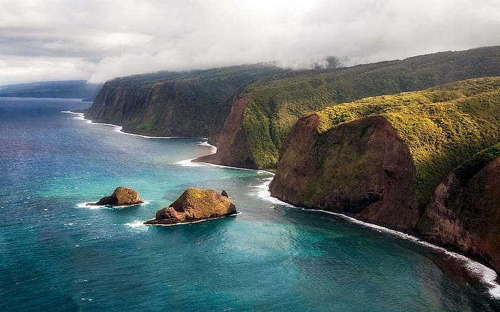 Nature, Landscape, Coast, Cliff, Island, Sea, Kauai, Aerial View, brown rock formation