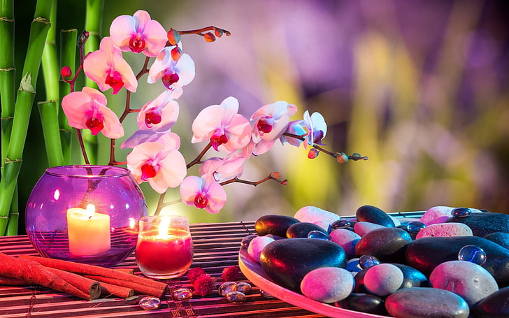 bamboo, candles, heart, mood, orchids, spa, Stones, towels, HD wallpaper