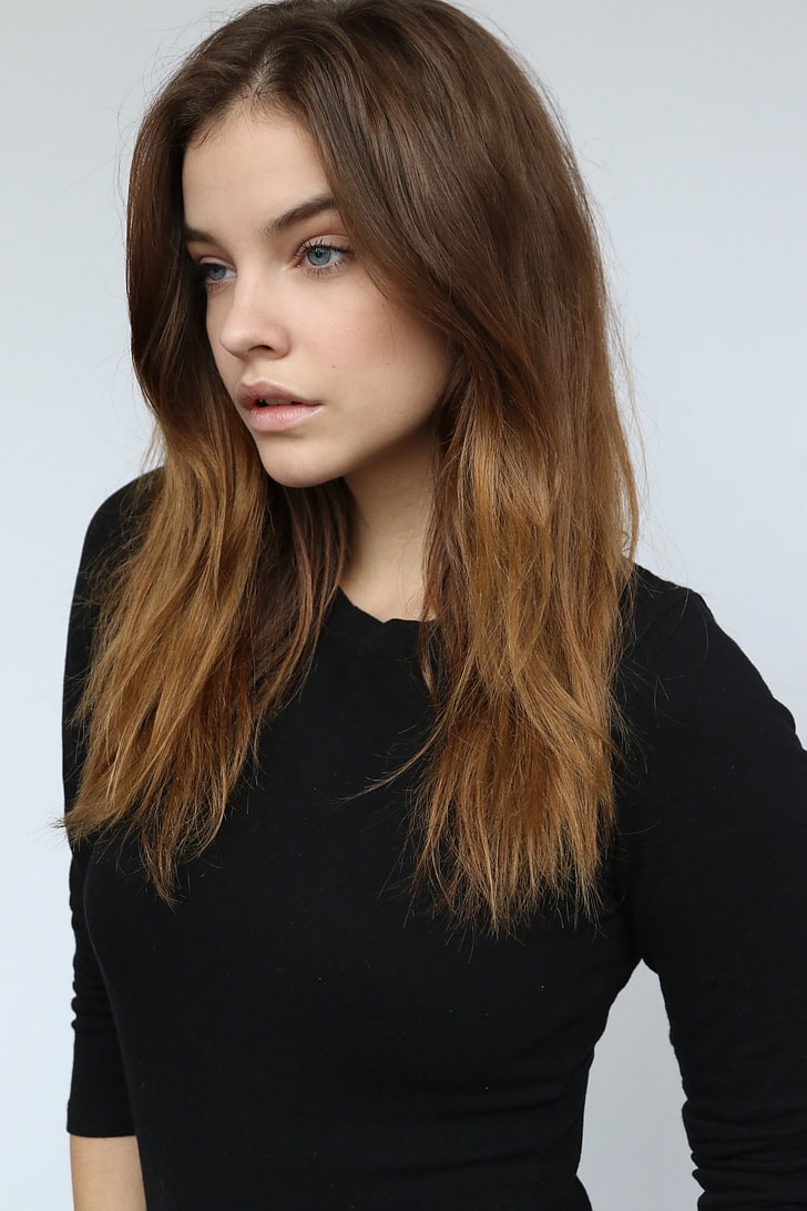 Barbara Palvin, model, long hair, brunette, blue eyes, white  background, HD wallpaper