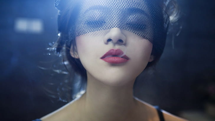 Asian, women, veils, smoke, closed eyes, face, model, HD wallpaper