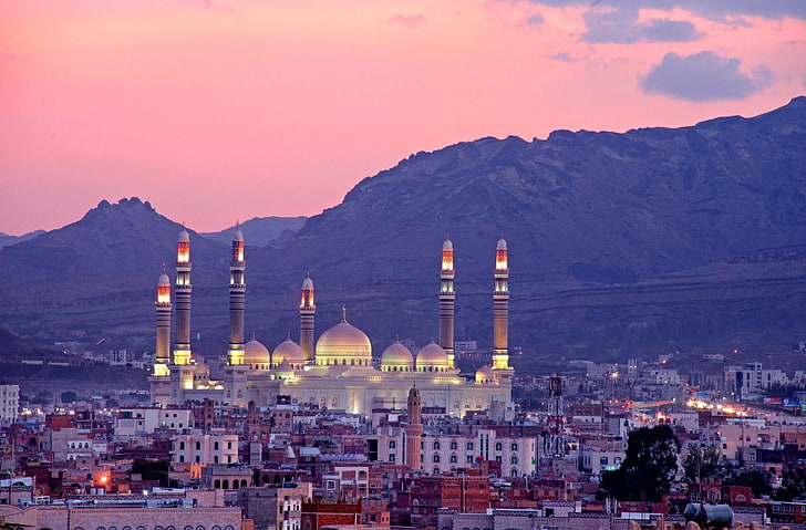 Cities, Sana'a, Al Saleh Mosque, Sunset, Yemen, HD wallpaper