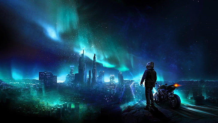 polar lights, sky, motorcycle, night sky, darkness, motorbike, HD wallpaper