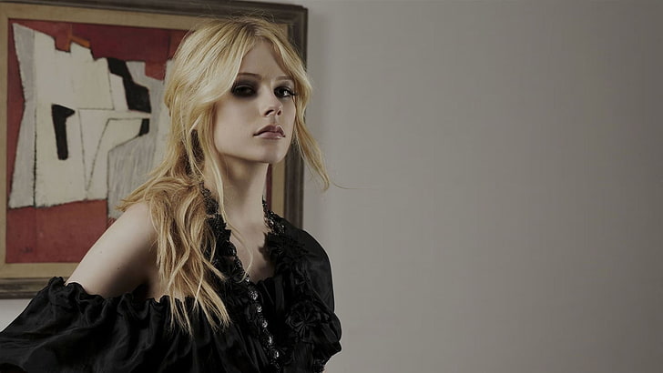 women's black off-shoulder top, Avril Lavigne, singer, blonde