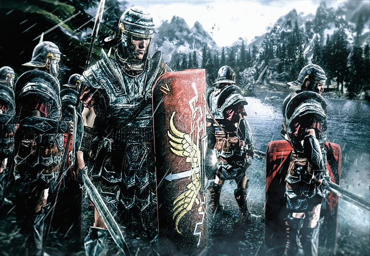 Fantasy, Warrior, Armor, Rain, Roman Legionary, Shield, Sword