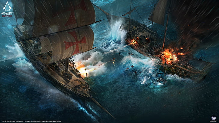 assassin's creed rogue, battle, explosion, ocean, ship, artwork, HD wallpaper
