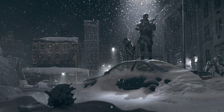 person holding rifle illustration, winter, artwork, soldier, city