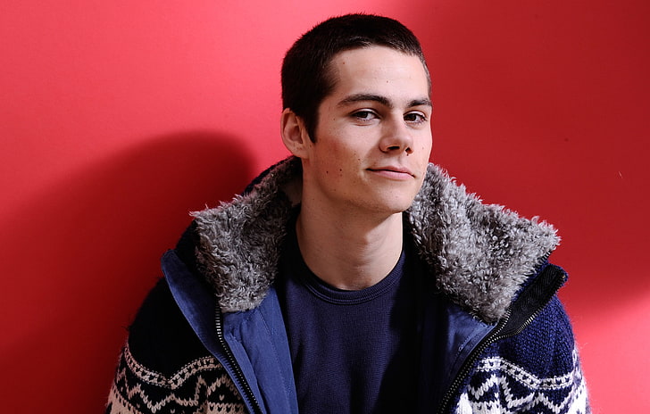 men's blue and gray fur-lined zip-up jacket, actor, guy, Dylan O'Brien, HD wallpaper