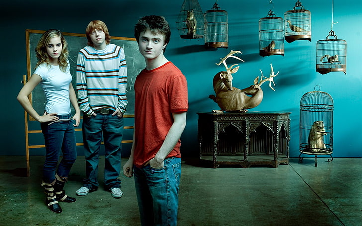 men's red crew-neck shirt, Daniel Radcliffe, Emma Watson, Rupert Grint, HD wallpaper