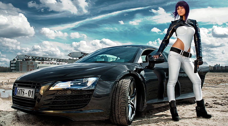 black Audi R8 coupe, model, cosplay, Ghost in the Shell, car