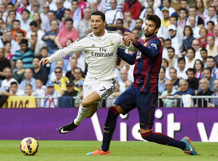 Cristiano Ronaldo, real madrid vs barcelona, fc barcelona, gerard pique, HD wallpaper