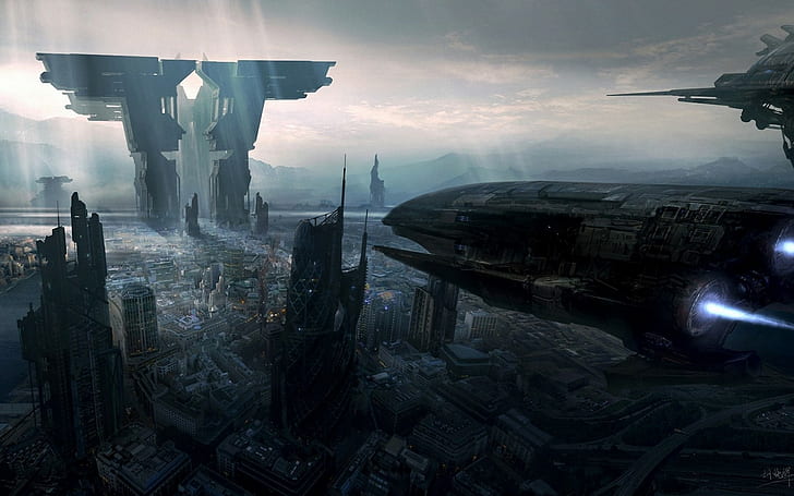 space ship illustration, science fiction, building exterior, city