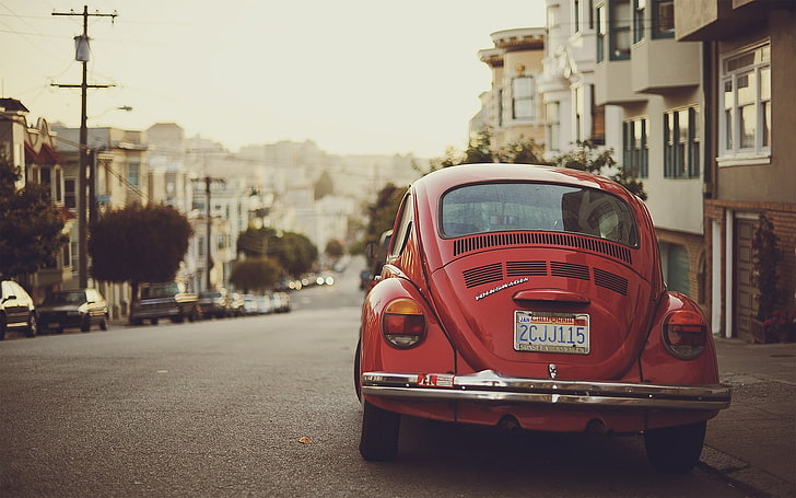 red Volkswagen Beetle coupe, car, red cars, depth of field, road, HD wallpaper