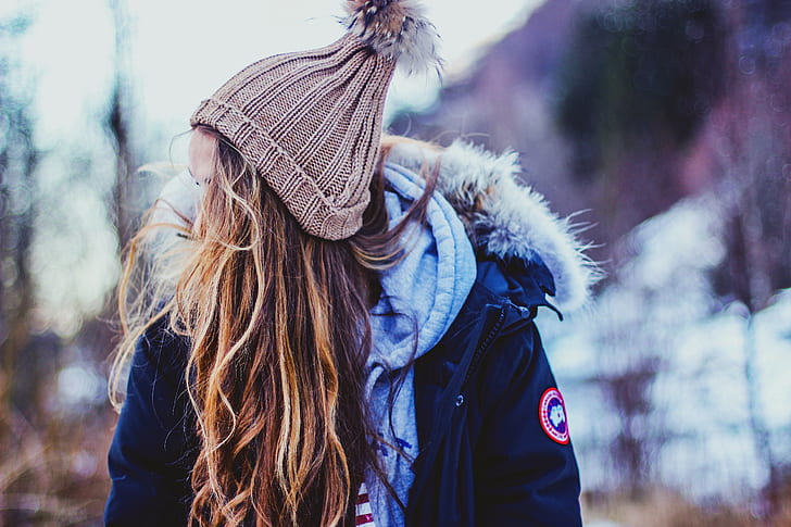 women, brunette, long hair, women outdoors, woolly hat, jacket, HD wallpaper
