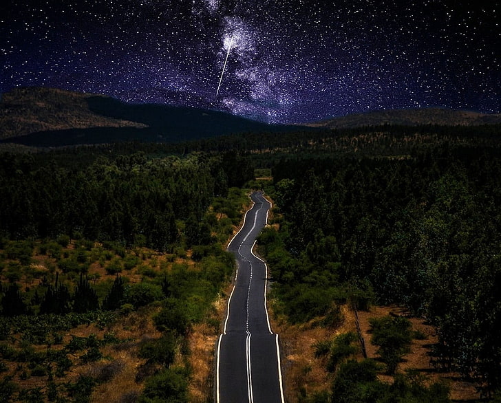 black asphalt road, nature, landscape, starry night, Milky Way