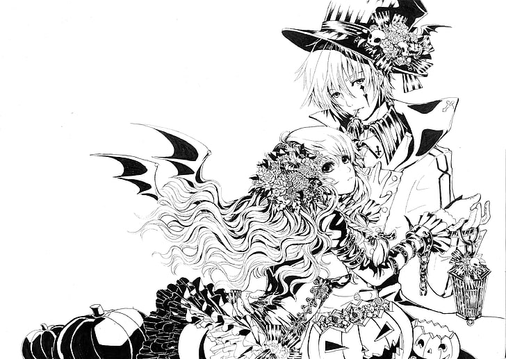 sketch of woman and man dancing, Halloween, sketches, demon, costumes, HD wallpaper