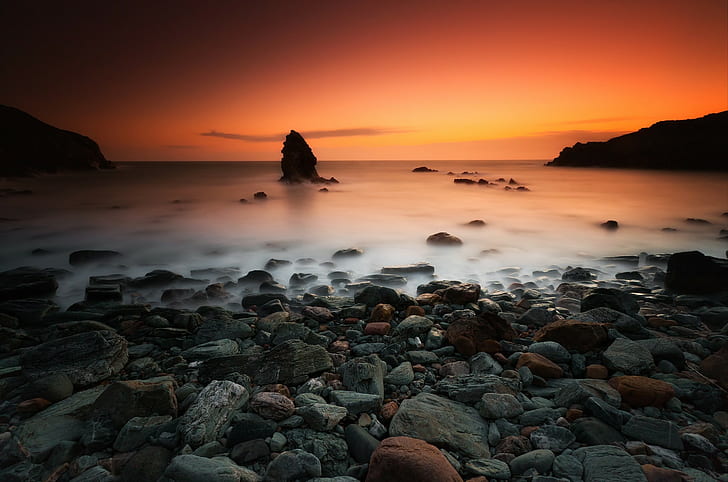 photography, nature, landscape, sunset, rock, water, sea, HD wallpaper