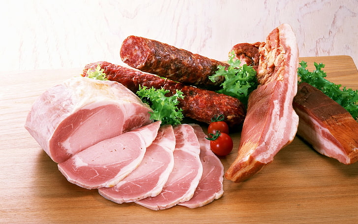 raw meats, sausage, greens, food, beef, raw Food, steak, red, HD wallpaper