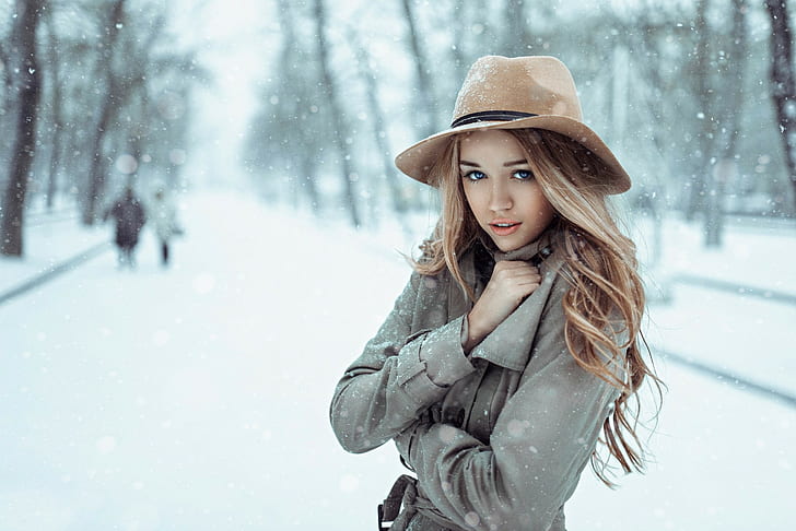 women, blonde, snow, hat, blue eyes, women outdoors, cold, winter, HD wallpaper