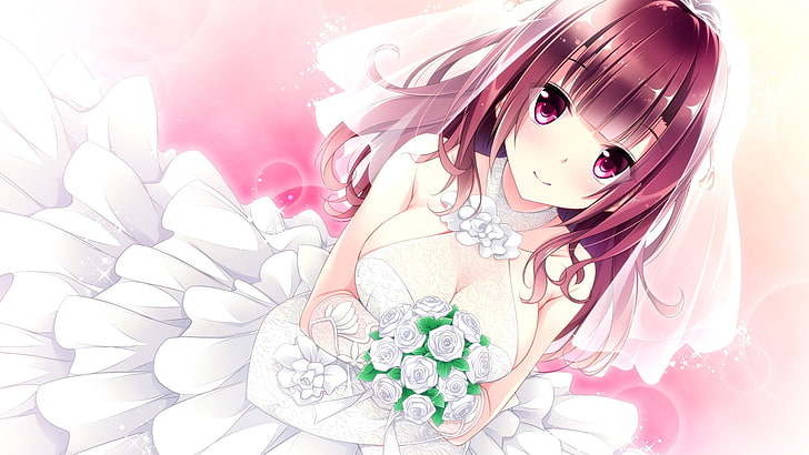 anime, marriage, brides, white dress, women, indoors, pink color, HD wallpaper