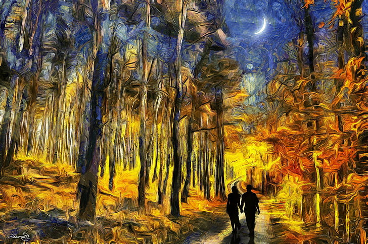 couple painting crescent moon surreal forest