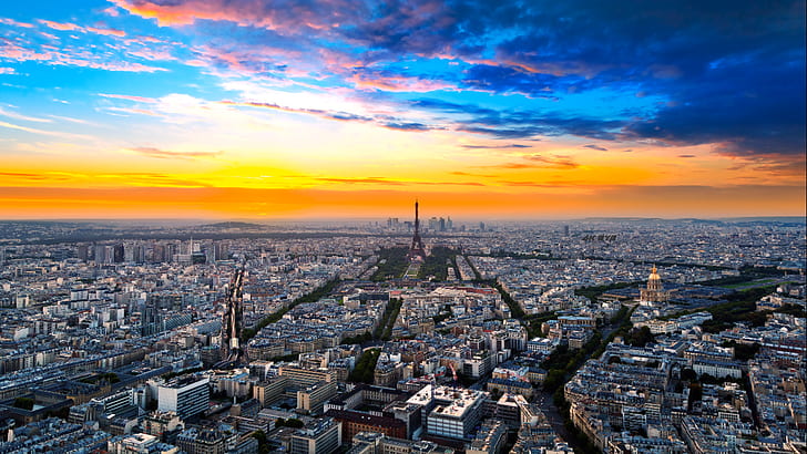 Paris, France, sunset, 8k, clear sky, clouds, cityscape