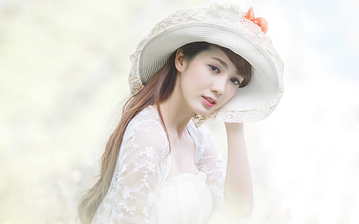 White dress asian girl, hat, HD wallpaper