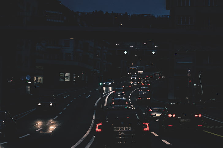 black car, night city, city lights, cars, traffic, street, urban Scene