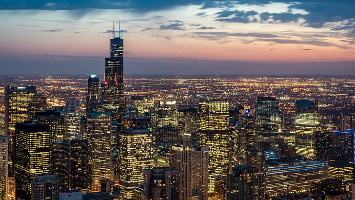 chicago, ilinois, united states, city lights, skyscraper, horizon