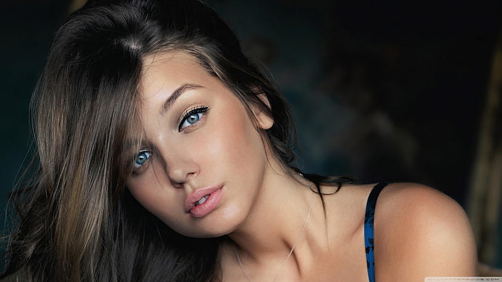 woman's face, dark hair, blue eyes, women, brunette, daria konovalova, HD wallpaper