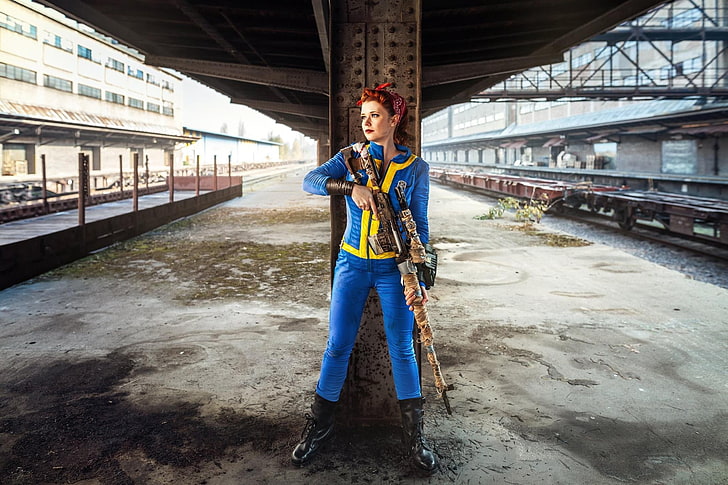 women's blue and white long-sleeved suit, redhead, cosplay, Fallout, HD wallpaper