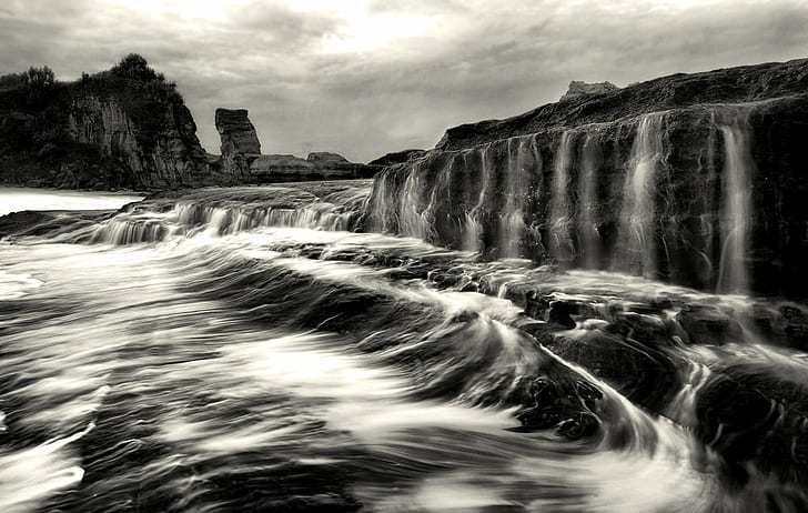 grayscale photography of waterfalls, Wedi, Ombo, Pacitan, Indonesia, HD wallpaper
