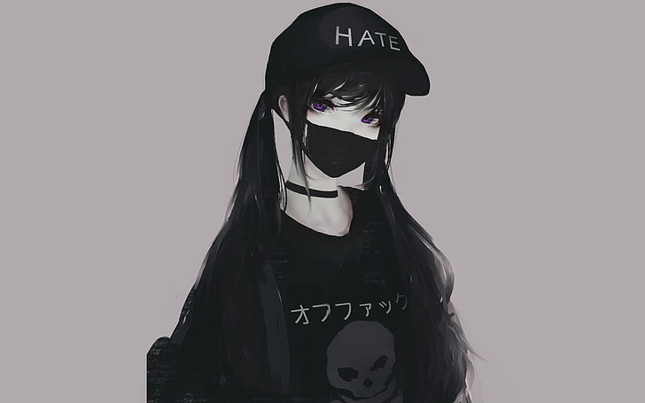 hate-chan, anime girls, Aoi Ogata, monochrome, face mask, twintails