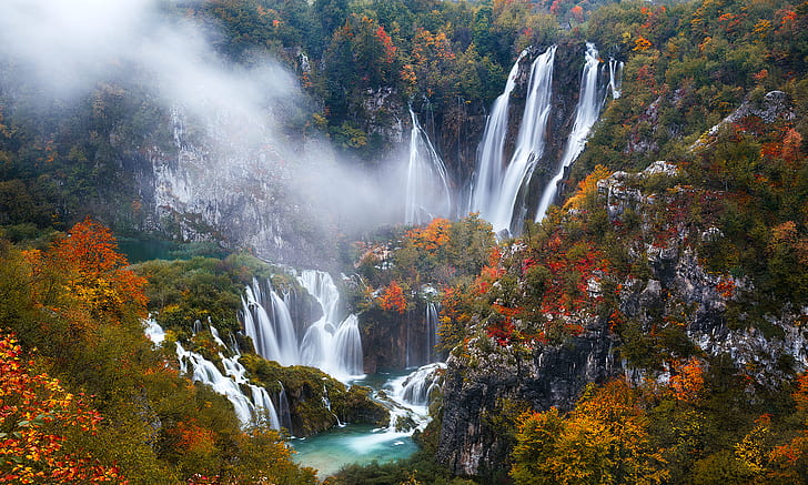 autumn, trees, rocks, waterfalls, Croatia, Plitvice, HD wallpaper