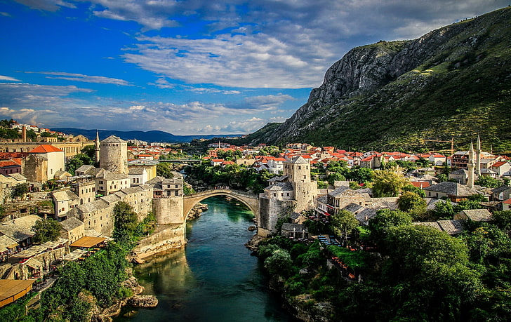 gray concrete arch bridge, landscape, mountains, panorama, Bosnia and Herzegovina, HD wallpaper