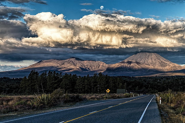 mountain ranges, mountains, volcano, clouds, sunset, road, highway, HD wallpaper