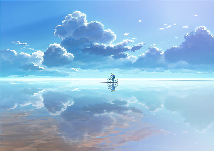 man riding bicycle on mirror surface of sky anime, clouds, reflection