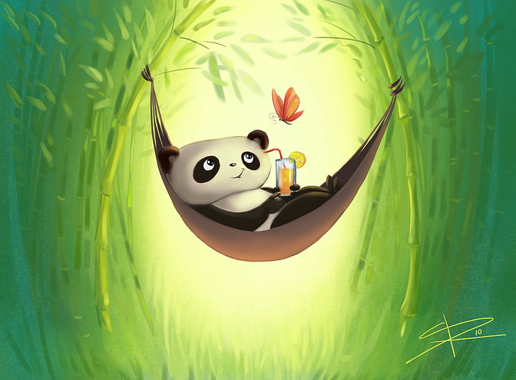 panda cub in hammock digital wallpaper, stay, butterfly, figure, HD wallpaper