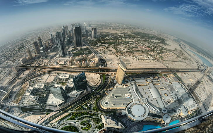 Landscape, Skyscraper, Highway, Cityscape, Architecture, Fish-Eye Lens, Mist, Dubai, United Arab Emirates, Urban, Balconies, gray buildings and blue sky
