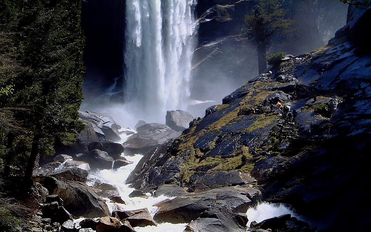 waterfalls in grey rocks, nature, landscape, Yosemite National Park, HD wallpaper